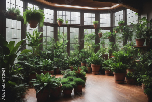 Indoor plant sanctuary, myriad of potted plants with lush green foliage creating a cozy botanical oasis