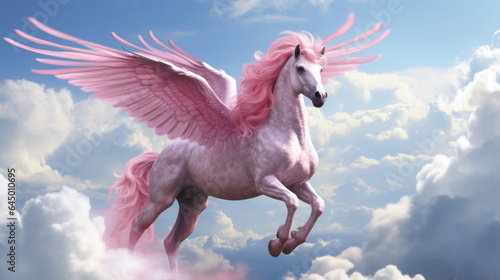 Pink horse with wings on clouds