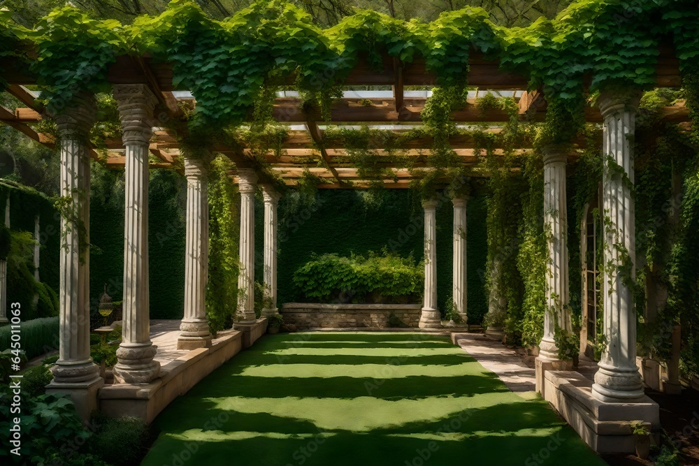 A blank canvas into an image of a vine-covered pergola in a garden.