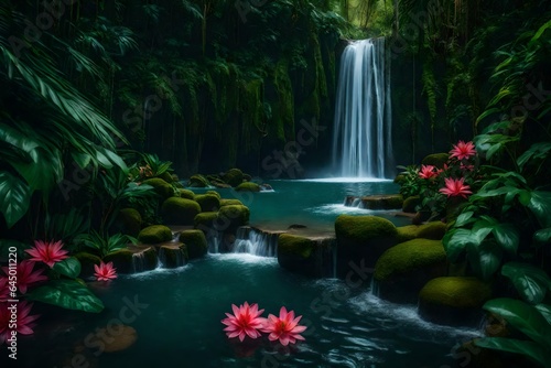 A tranquil waterfall surrounded by lush vegetation and tropical flowers.