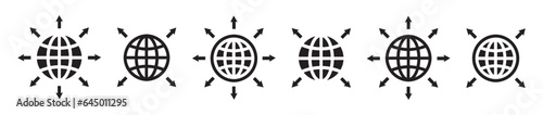 Set of word expansion icons. Globe with corner arrows, earth symbol. Worldwide icons, globe with arrow. Vector.