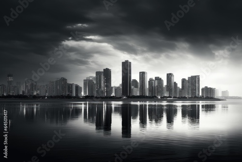 Landscape of a modern city with high-rise buildings along the coast, black and white photo © Julia Jones