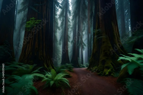 A scene of a majestic redwood forest with towering trees and a lush forest floor.