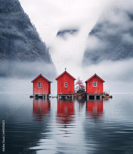 Three red huts sit on top of the water, in the style of minimalist illustration © Andrey Tarakanov