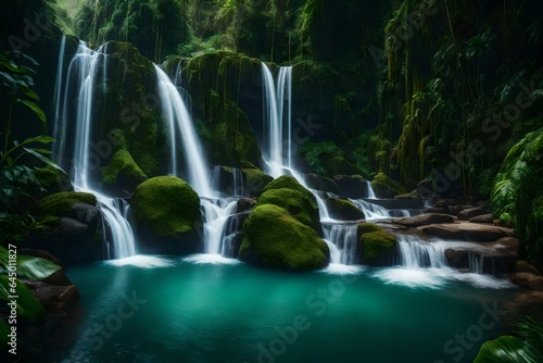 A tranquil waterfall surrounded by lush vegetation and tropical flowers. © Muhammad