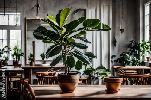 A dining room with a potted rubber plant as a centerpiece.