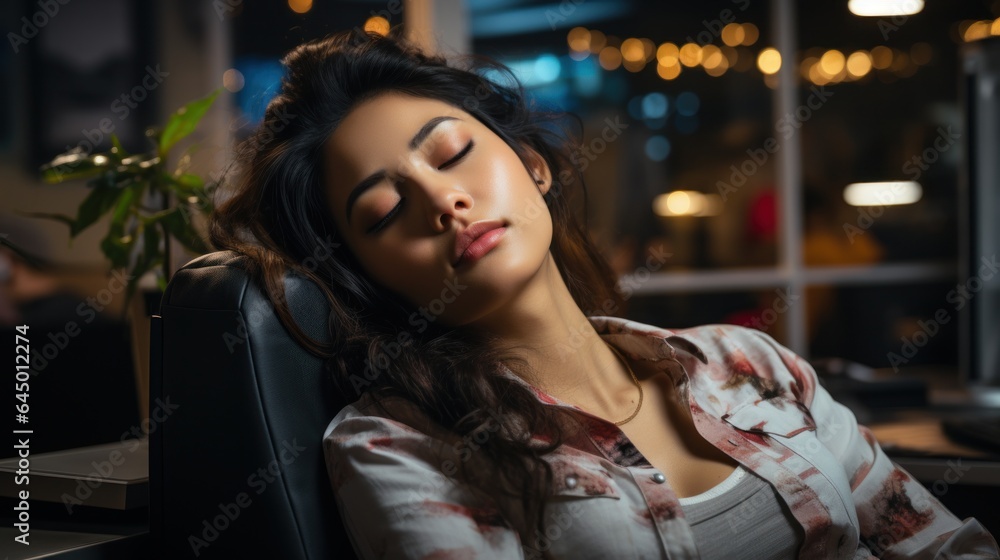 Female employee tired from workload and falling asleep at work. Female employee tired from workload and falling asleep at work.