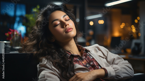 Female employee tired from workload and falling asleep at work.