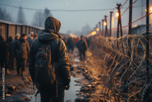 Immigration Struggle. Immigrants standing at a border or in a refugee camp, reflecting the challenges faced by migrants seeking a better life. Generative AI.