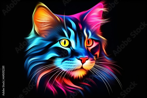 A colorful neon icon of a cat's face