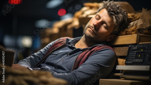 Male employee tired from workload and falling asleep at his desk at work.
