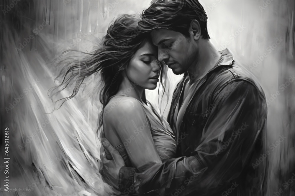 Black and White charcoal or pencil sketch of a couple in love Black and White charcoal or pencil sketch of a couple in love