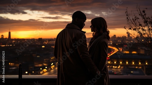 Couple spending romantic moments at sunset cityscape.