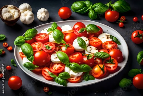 A rendered picture of a vibrant caprese salad with ripe tomatoes, mozzarella, and basil.