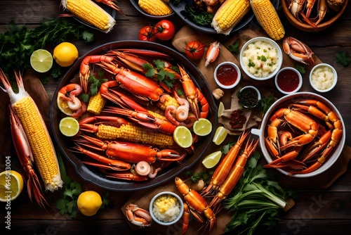 A scene of a seafood boil with shrimp, crab legs, and corn on the cob.