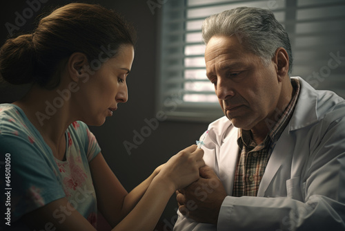 Nurse administering medication to a patient, illustrating the compassionate care provided by healthcare professionals to ease discomfort. Generative Ai.