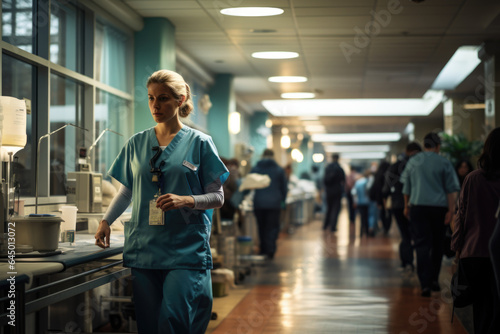 Hospital hallway with healthcare workers tending to patients, showcasing the collective effort to provide care and alleviate suffering. Generative Ai.