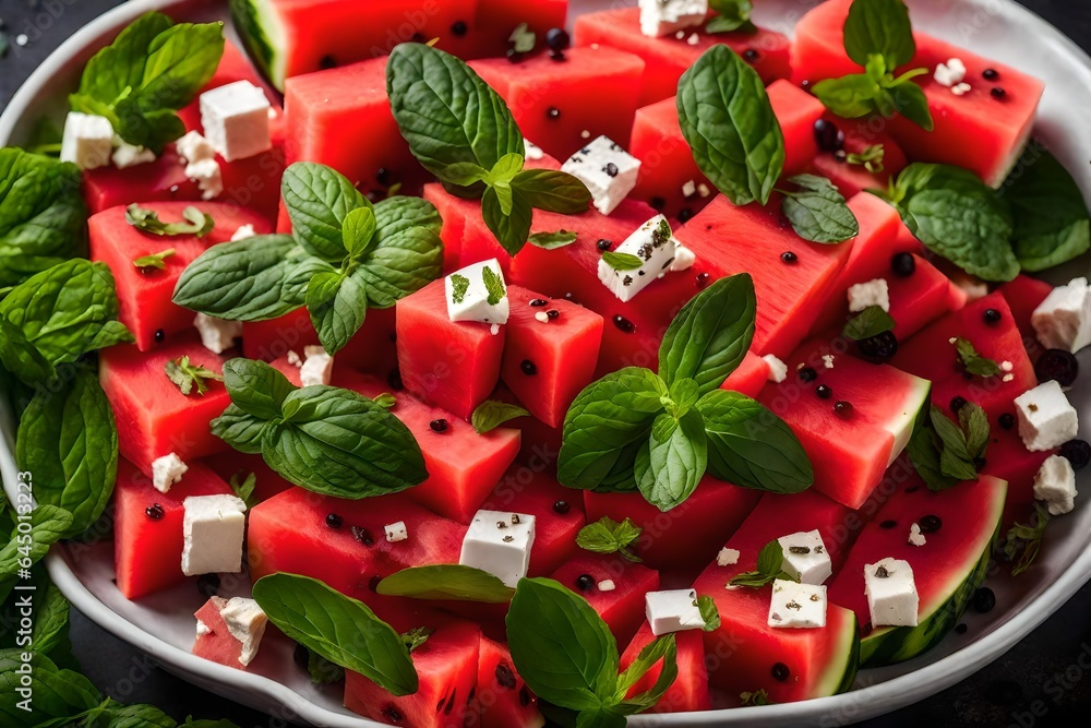 An image of a refreshing watermelon salad with feta and mint.