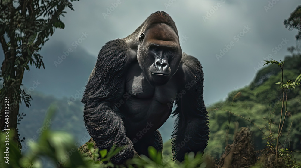 A strong bodied gorilla on the mountain. Generative Ai