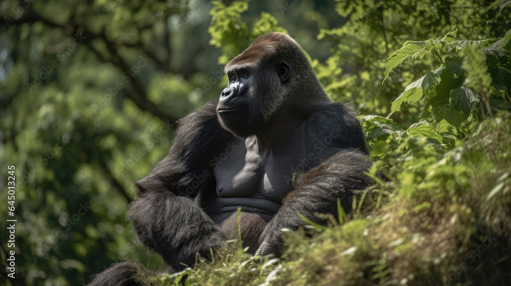 Naklejka premium A strong bodied gorilla on the mountain. Generative Ai