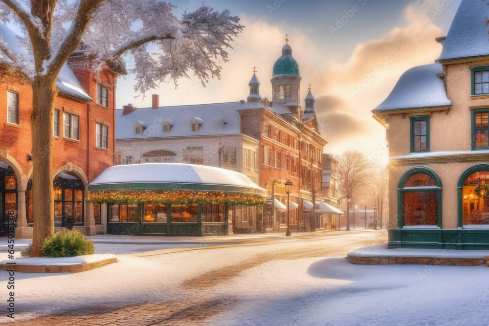 Freshly fallen first snow blanketing a quaint town square