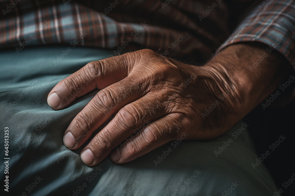 A close-up photograph focuses on a person's hand gripping the side of a bed, portraying the physical strain and discomfort of being bedridden. Generative Ai.