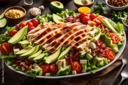 A scene of a Cobb salad with rows of chopped chicken, bacon, and avocado.