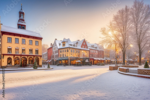 Freshly fallen first snow blanketing a quaint town square