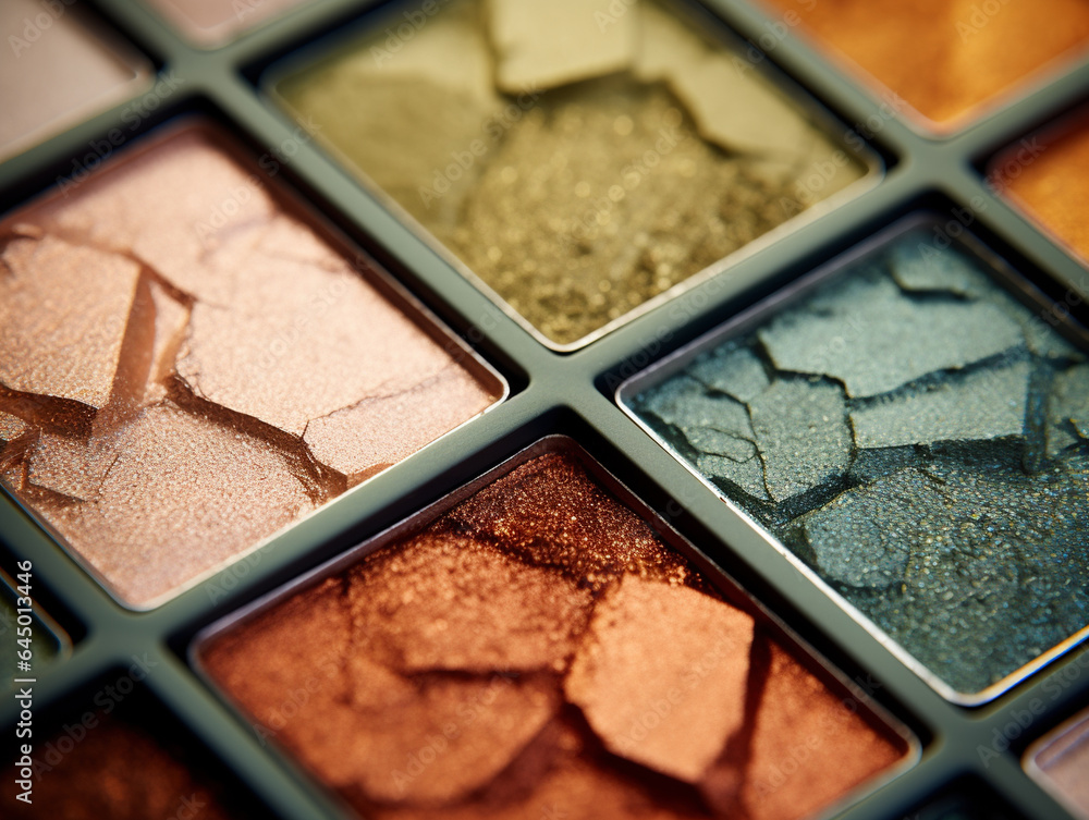 Fototapeta premium Beige and green eyeshadow pigments palette, macro. 