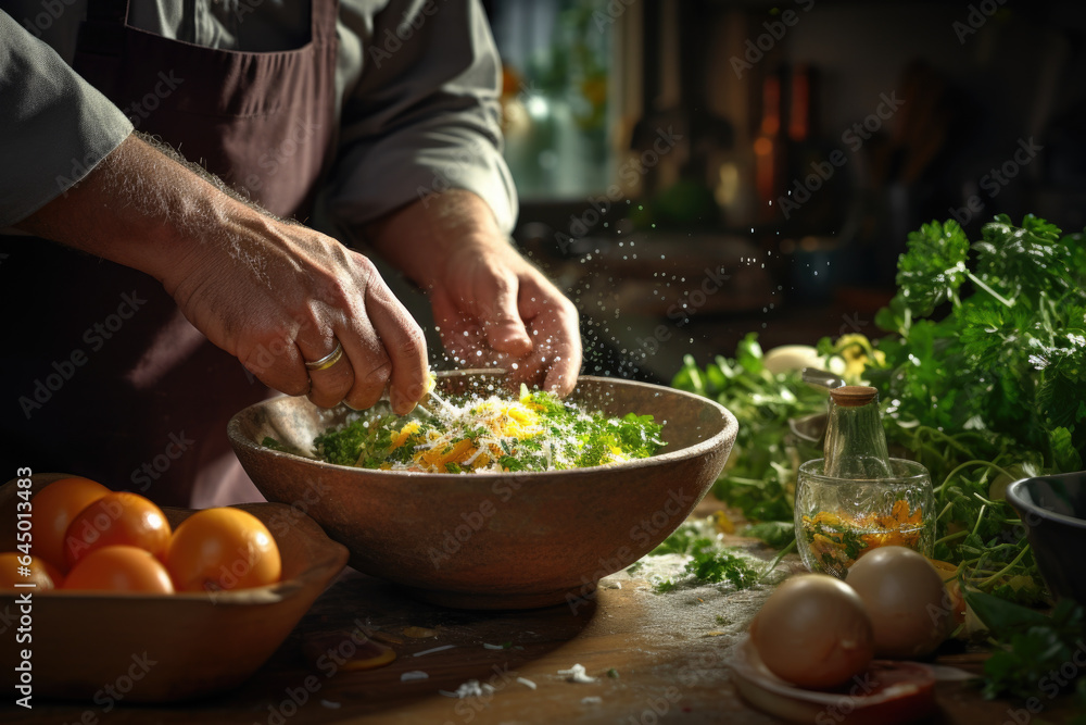 A close-up photograph highlights a person's hands mixing ingredients in a bowl, showcasing the joy of cooking and experimenting within a culinary lifestyle. Generative Ai.