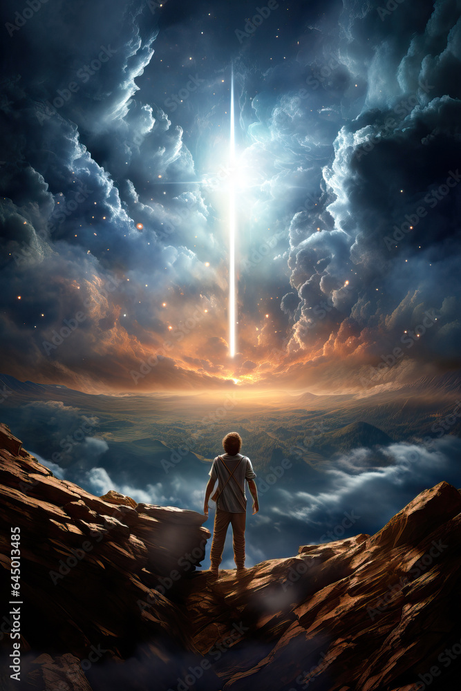 A man standing on top of a mountain looking at the sky with clouds and celestial lighting talking to God Generative AI Illustration