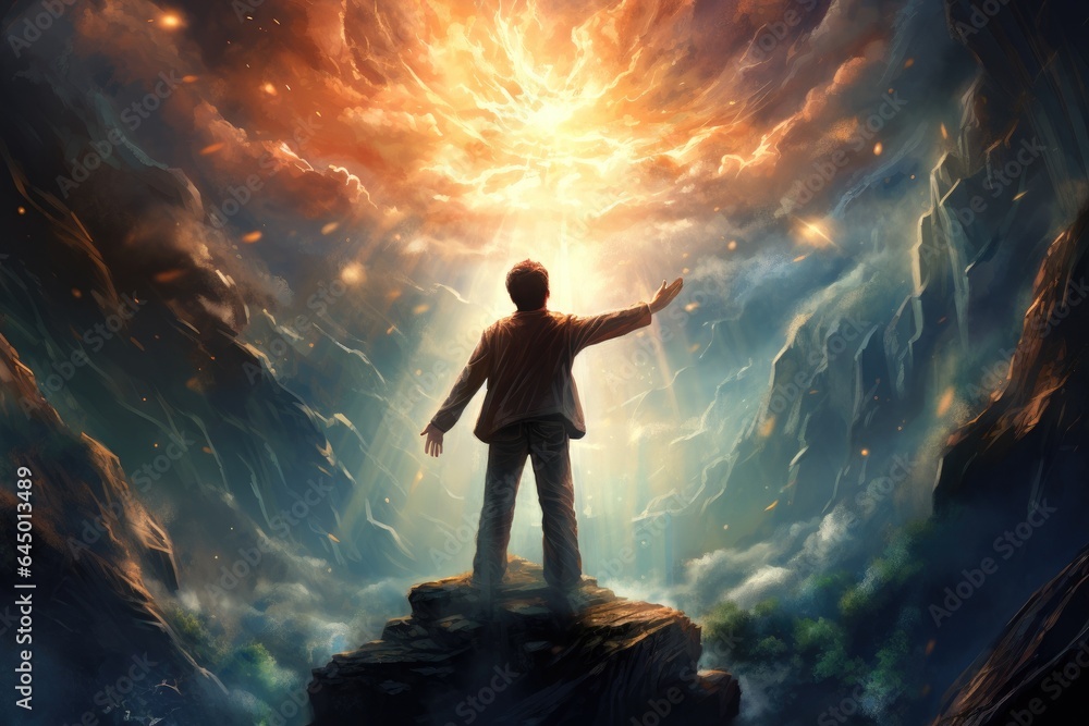 Illustration of a young boy standing on top of a mountain with his arm facing the sky and talking to God Generative AI Illustration