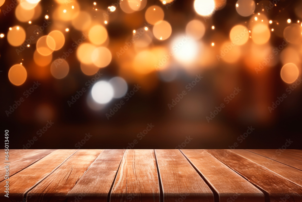 Empty rustic wooden table in front of christmas light night,abstract circular bokeh background