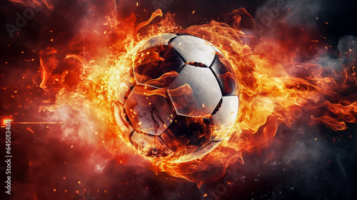 A soccer ball surrounded by flames and smoke, an explosion of power