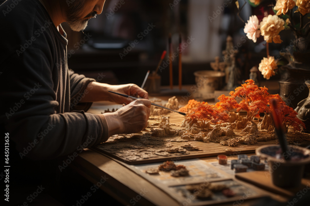 A close-up photograph highlights a person's hands crafting a piece of art, reflecting the devotion to artistic expression within a creative lifestyle. Generative Ai.