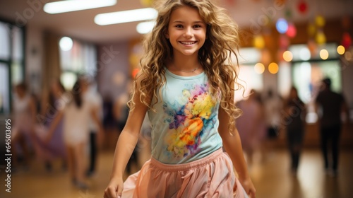 Happy young girl is dancing to the music.