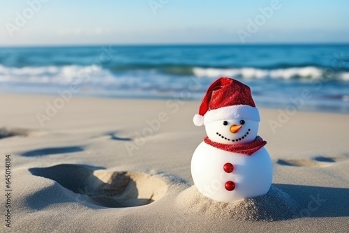 snowman in santa hat on the beach