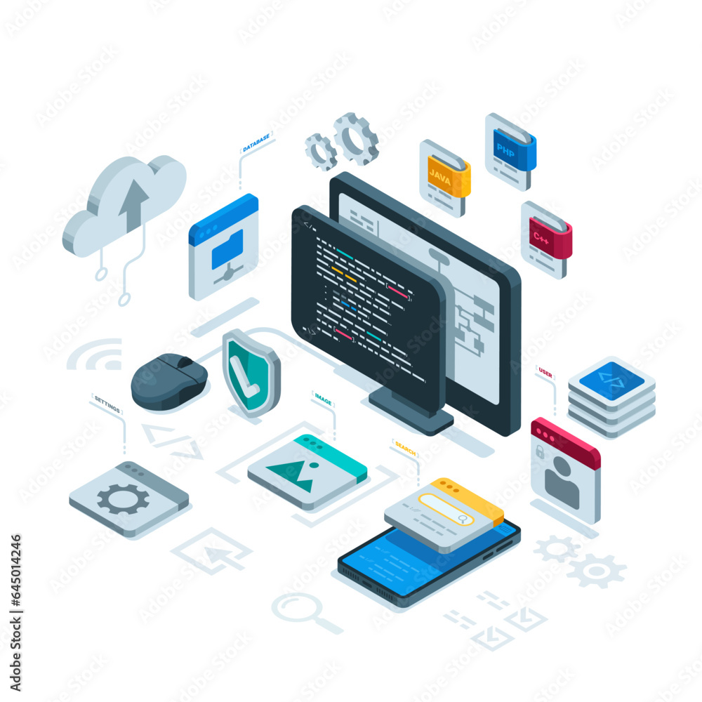 isometric computer and smartphone with a programming window and program elements in color on a white background, programming or software development isometric computer and smartphone with a programming window and program elements in color on a white background, programming or software development