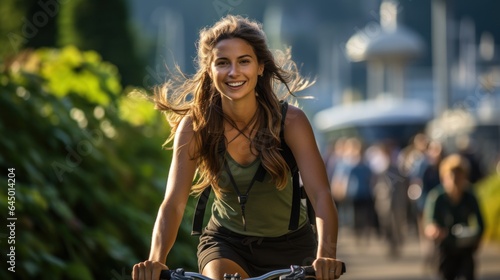 A young woman cycling the streets of the city.