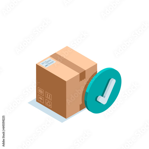 isometric box with check mark in color on white background, successful parcel delivery