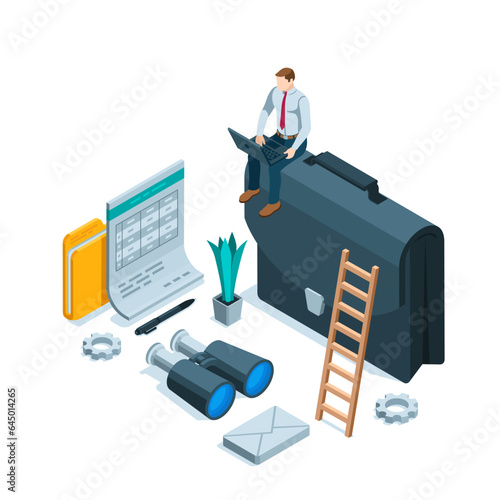 isometric business man with laptop sitting on briefcase next to binoculars and folder with financial documents in color on white background, working with documentation and mail