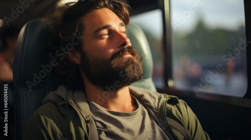 Happy man traveling by bus.