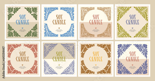 Soy candle vector label design collection with vintage groovy flowers background	