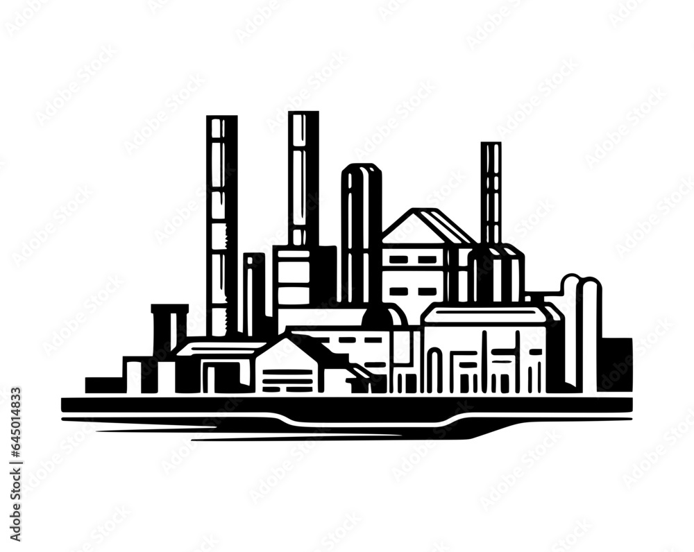Factory. Fabrica industrial building, isolated on white background. Flat outline style, vector illustration