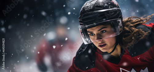 A compelling portrait of a girl hockey player, poised and determined on the ice, embodies the spirit of women's hockey. photo