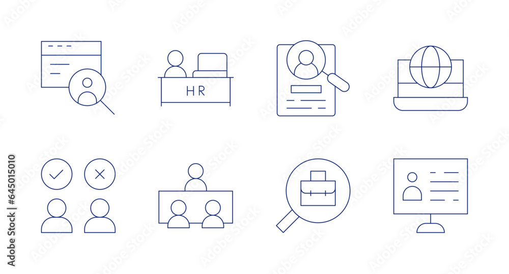 Recruitment icons. editable stroke. Containing hr, human resources, international recruitment, interview, job search, online recruitment, selection.