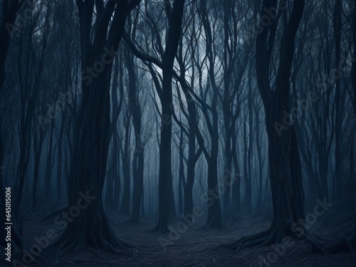 Dark forest with twisted trees and deep shadows  suggesting the possibility of supernatural creatures lurking in the darkness. Generative AI