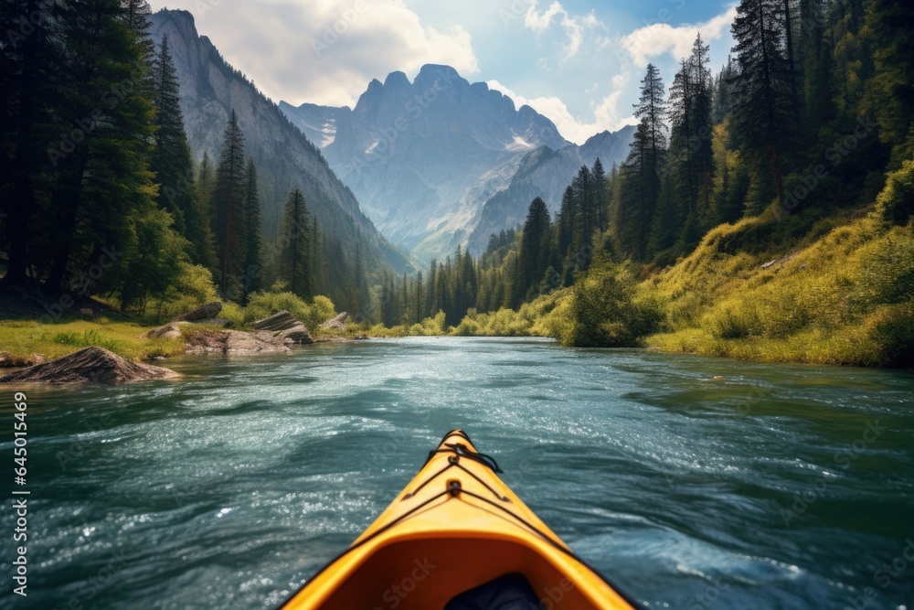 Calm lake, water sport and person on kayak adventure for summer travel trip canoeing, kayaking and using paddle on river. Exercise, vacation or holiday enjoying rafting or boat activity with mountain - obrazy, fototapety, plakaty 