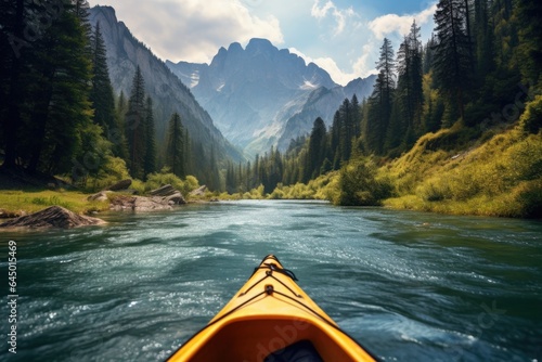 Calm lake, water sport and person on kayak adventure for summer travel trip canoeing, kayaking and using paddle on river. Exercise, vacation or holiday enjoying rafting or boat activity with mountain photo
