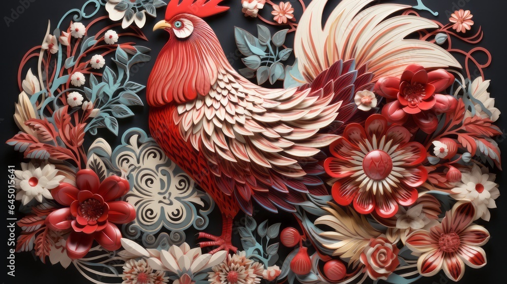 The rooster proudly shows off its colorful feathers against the floral background. - obrazy, fototapety, plakaty 